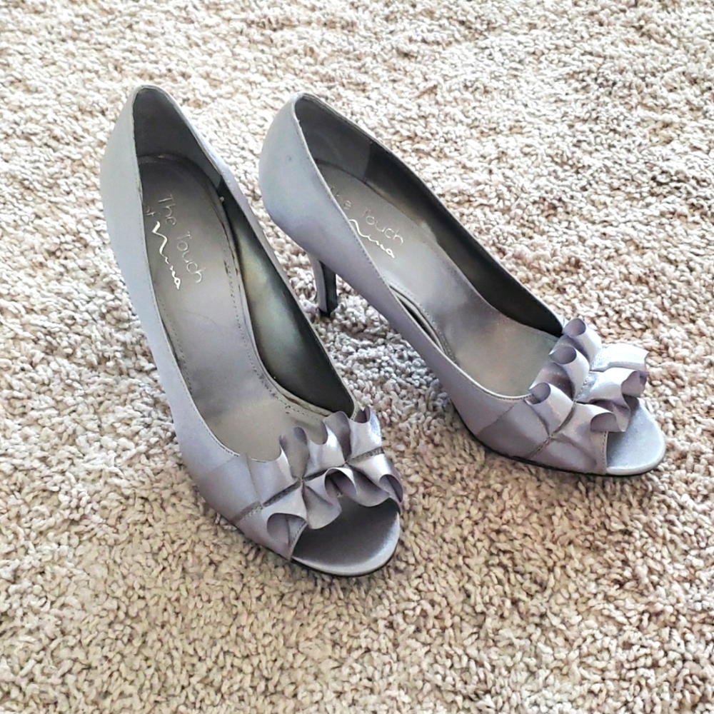 Nina Evelixa Silver Peep Toe Ruffle Satin Peeptoe Heels